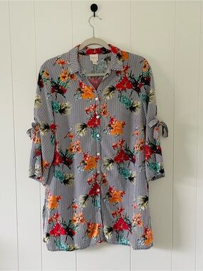 Chico's Black White Striped Button-Down Shirt with Red Orange Teal Floral Print